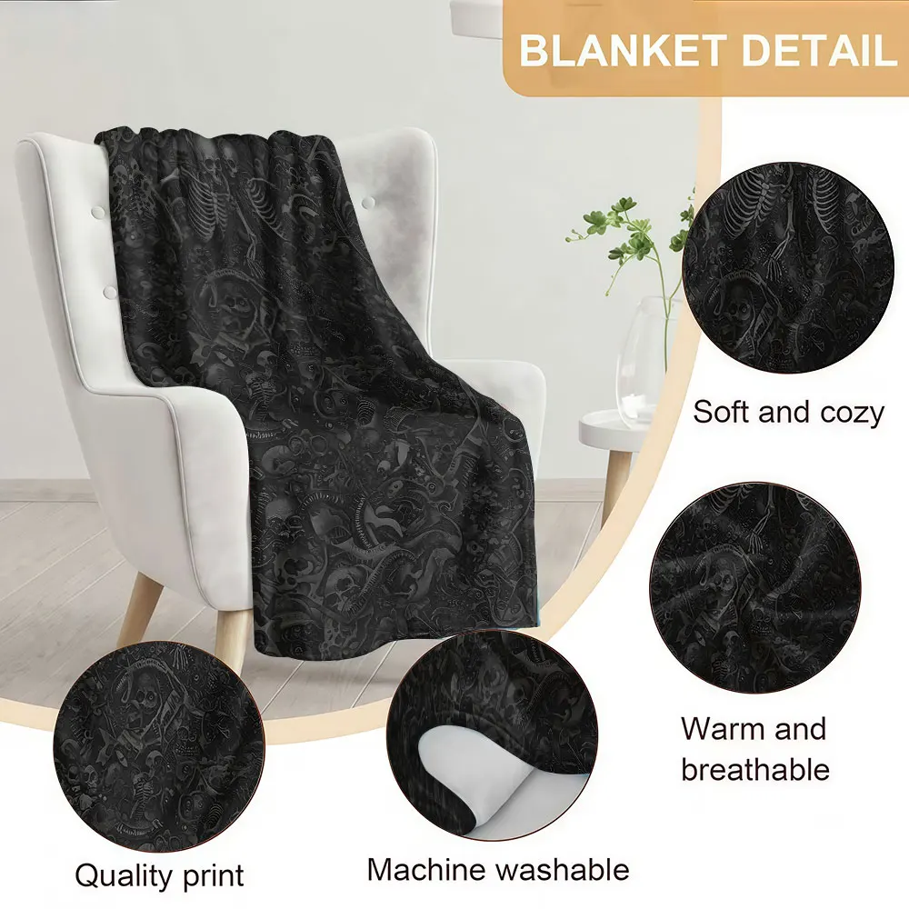 Dark Skull Gothic Print Soft Warm Flannel Blanket Lightweight Cozy Christmas Halloween Home Decor Room