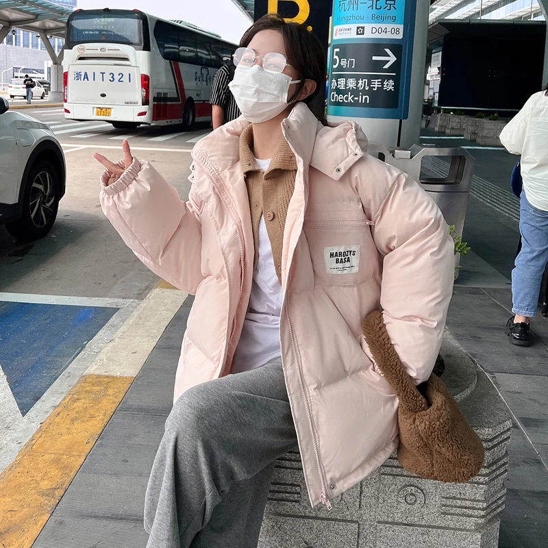 

Свободная пуховая куртка с хлопковой подкладкой, женская новинка 2024, модная утягивающая повседневная однотонная куртка с длинными рукавами, теплые зимние пальто с подкладкой