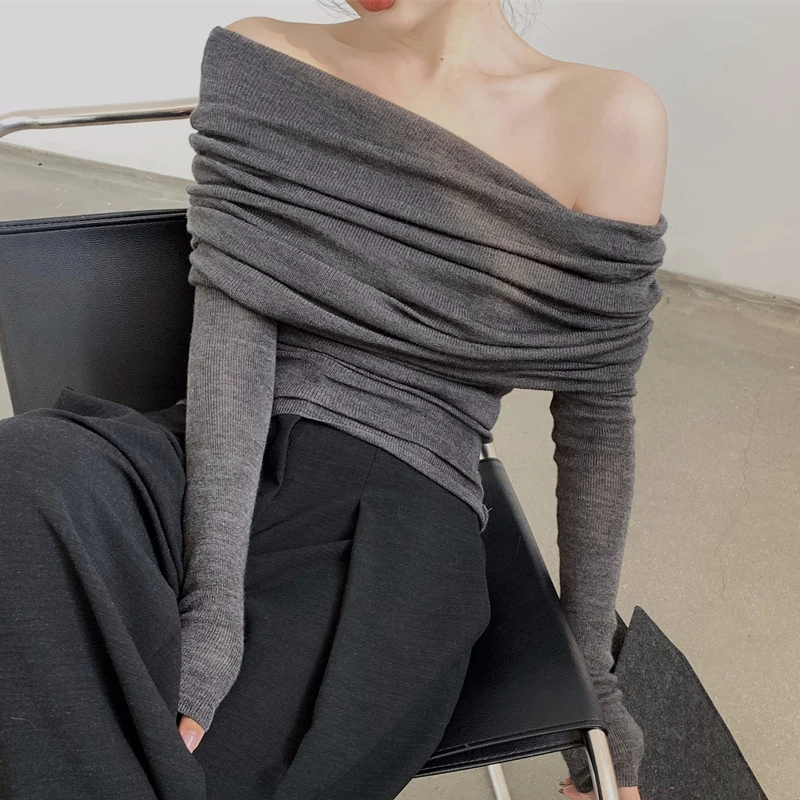 Elegant Fashion Off Shoulder Women Blouse New Pile Collar Knitted Shirt Ladies Office Casual Undershirt Gray Tops Mujer Blusas