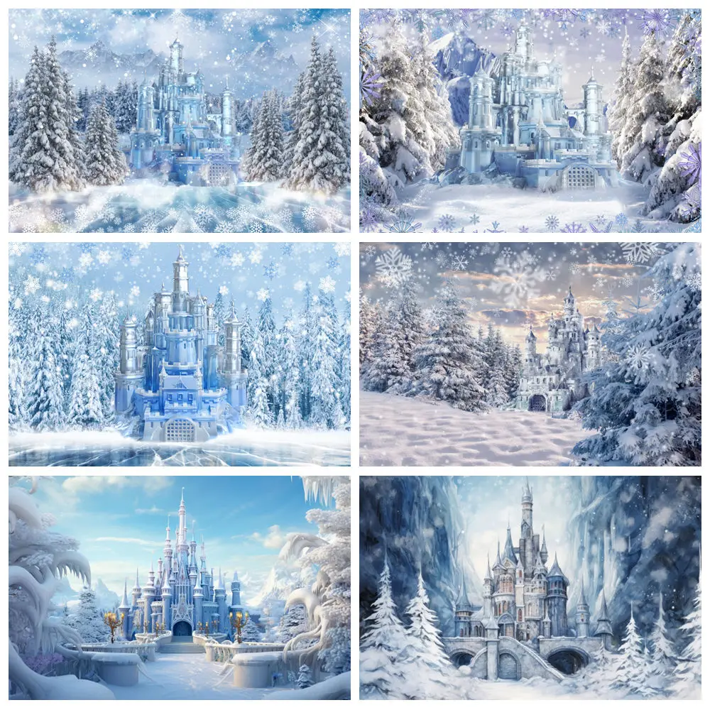 Winter Ice Castle Christmas Backdrop Frozen Wonderland Snowy Forest Xmas Kids Baby Portrait Photography Background Photo Studio