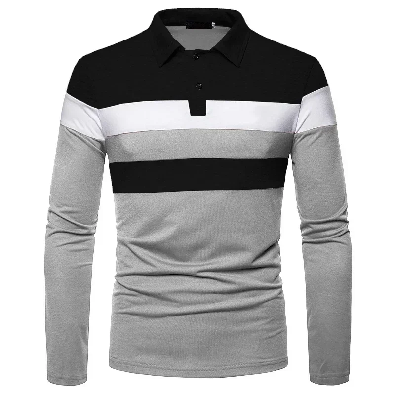 New Sweatwear Men's Long Sleeve Lapel Breathable Shirts for Men Polo Homme Basic Large Top Splice Polo T Shirt for Men