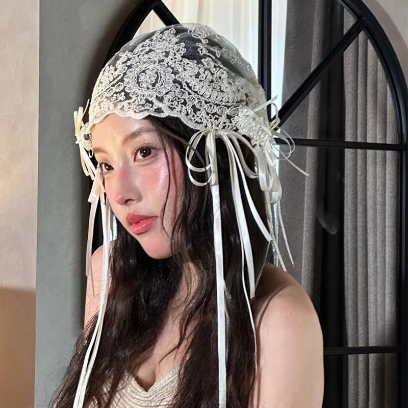 

1 шт. Элегантный кружевной головной убор во французском стиле для невесты, винтажный, полностью кружевной, с бантом и лентой