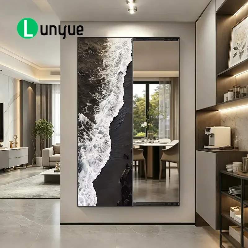 Black White Gray Wave Sandstone Hidden Full Length Mirror Decorative Painting Invisible Push Pull Mirror Porch Blocking Mural