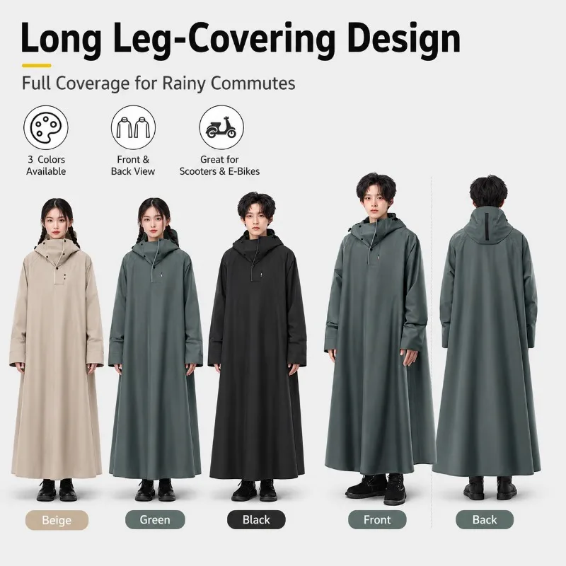 Long Waterproof Riding Raincoat Full Body Scooter Poncho Windproof Hooded Rain Cape for E-Bike Commuting