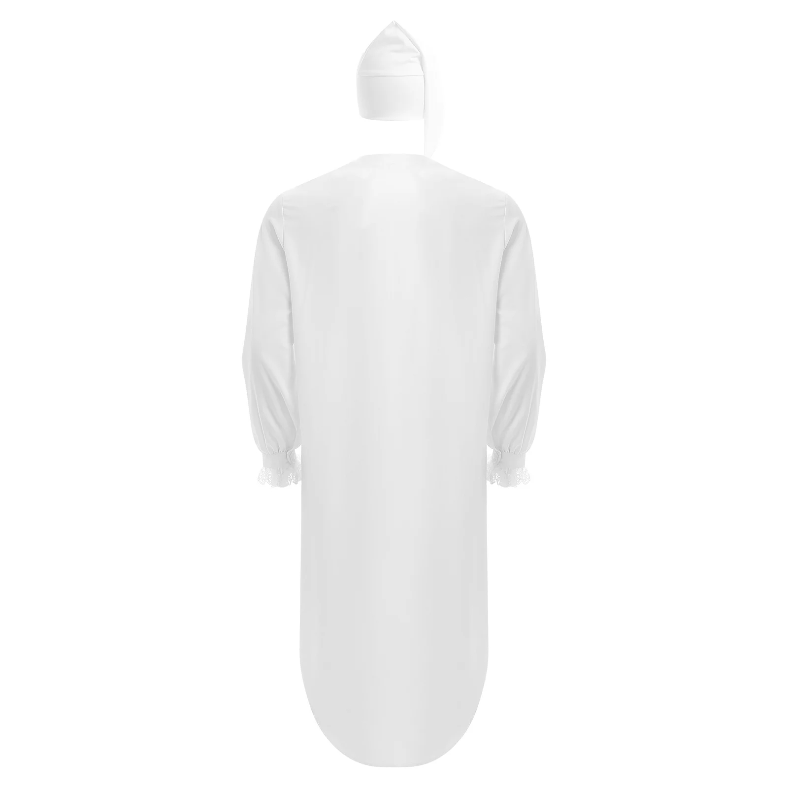 Men Soft Loose Sleep Robe Nightgown Long Sleeve Victorian Style Lace Trim Night-Robe with Nightcap Nightwear Halloween Costume