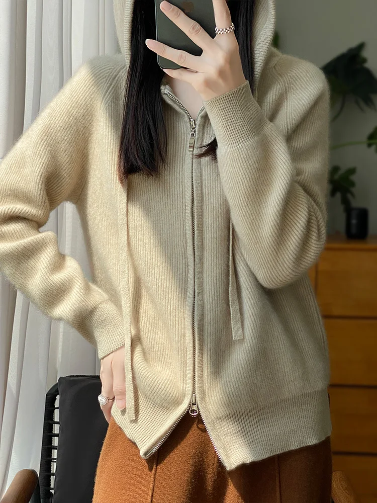 Chic Zipper Cardigan Women Sweater Autumn Winter 100% Merino Wool Casual Long Sleeve Cashmere Knitted Hoodie Korean Fashion Tops