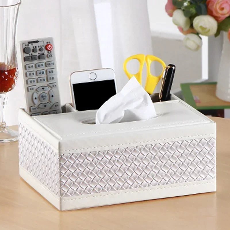 Leather Tissue Box Cover Desk Makeup Cosmetic Organizer Remote Controller Phone Holder Home Office Tissue Paper Napkin Holde