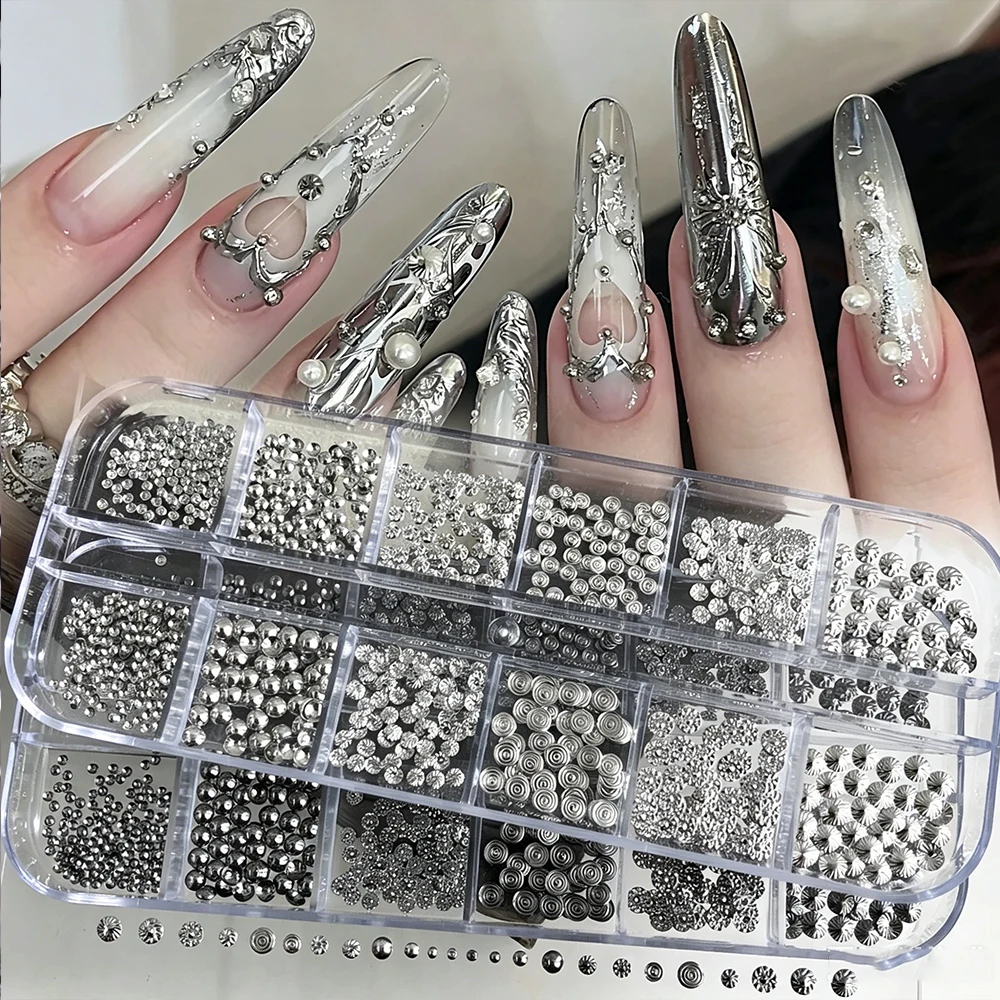 12 Grids 3D Gothic Silver Black Nail Rivets Ultra Thin Round Metal Sunburst Alloy Studs Nail Charms For Punk Nail Decor NailPart