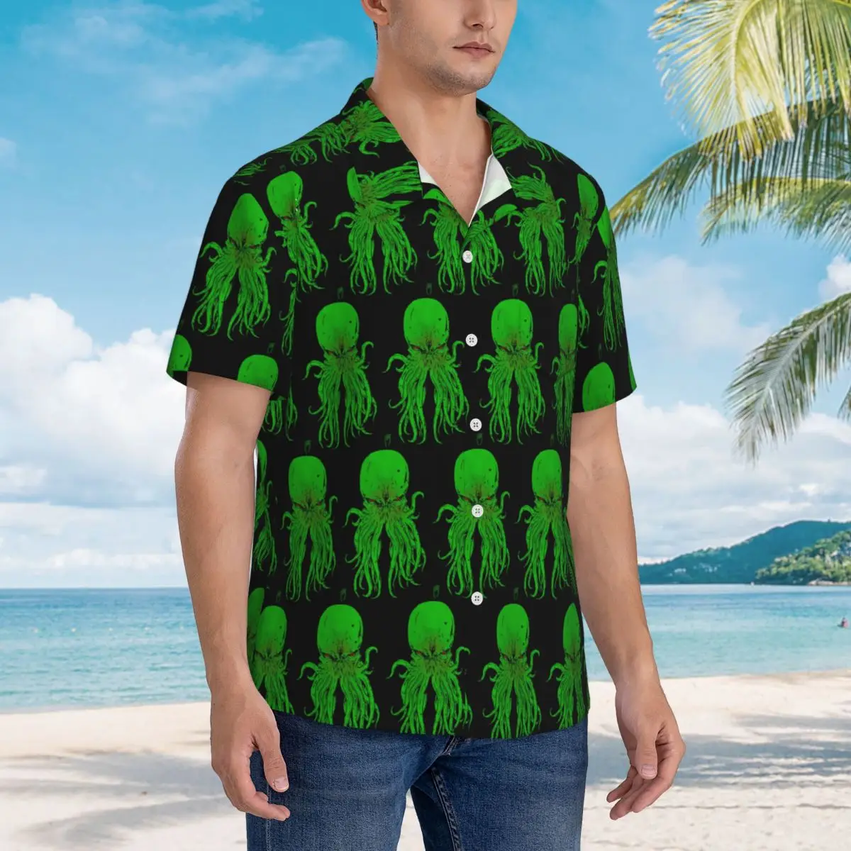 

Cthulhu Octopus Sea Monster Vintage Hawaiian Shirts Funny Men Short Sleeve Shirt for Summer Beach Men's Lapel Tops