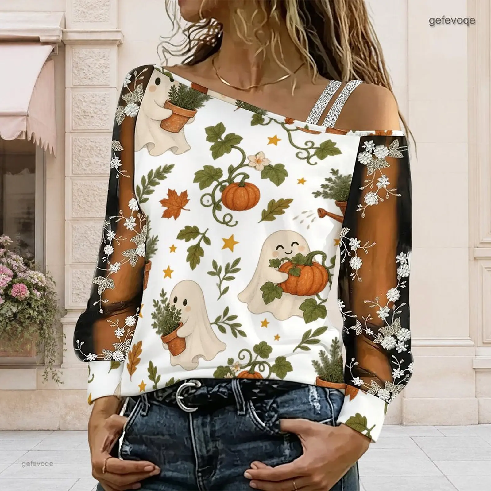 Women Cute Ghost Pumpkin Autumn Foliage Print Asymmetric Cold Shoulder Long Sleeve Top