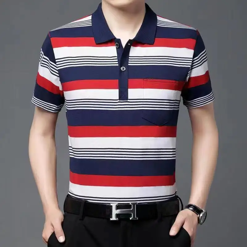 Fashion Men Summer Casual Striped Polo Shirts Streetwear Basic Business Male Clothes Quick Dry Cotton Loose Short Sleeve Tops