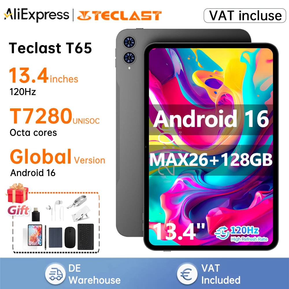 Tablet Teclast T65 de 13.4 Pulgadas con Pantalla 2K a 120Hz, Unisoc T7280 Octa Core, Máximo 20+6GB de RAM, 128GB de ROM, 8000mAh, Android 16, Doble SIM 4G LTE, Bluetooth 5.4, Cámara Frontal de 5MP + Cámara Trasera AF de 13MP, Altavoces Estéreo Duales y Micrófono Dual