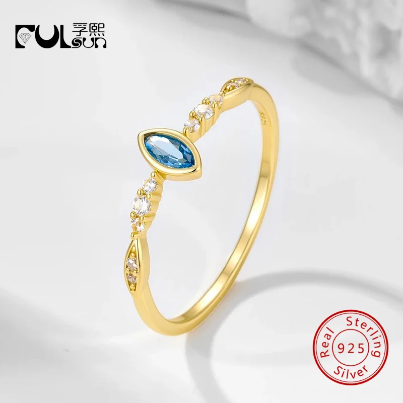 925 Silver 14K Gold Rhodium Plated Marquise Blue Zirconia Ring Side Pave Clear Zircon Thin Dainty Band Daily Stackable Jewelry