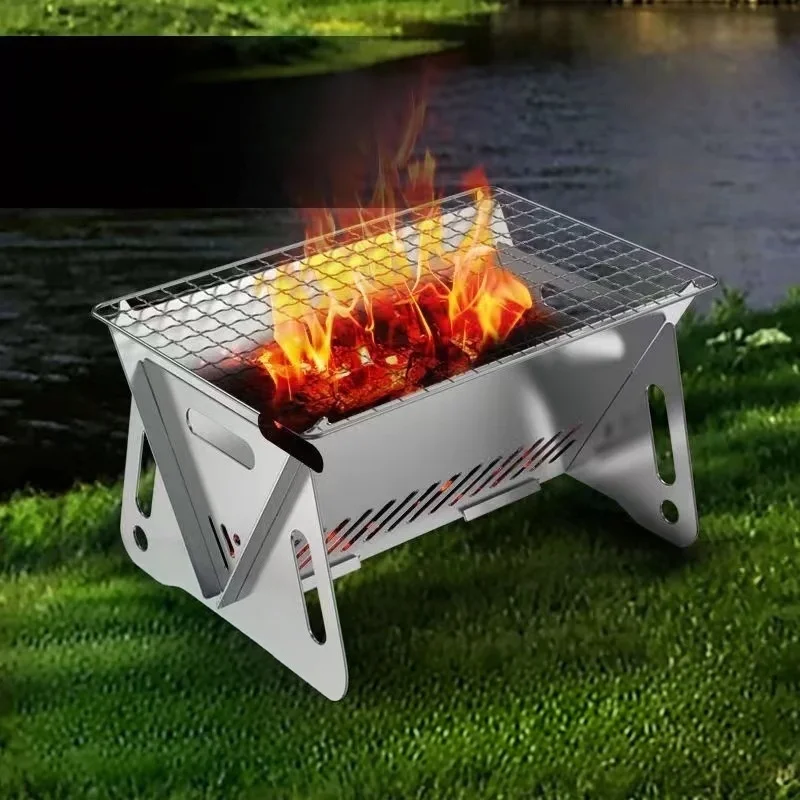 Stainless Steel Card Stove Portable Multi Grill Outdoor Camping Household Barbecue Cooking Grill with Durable Storage Carry Bag