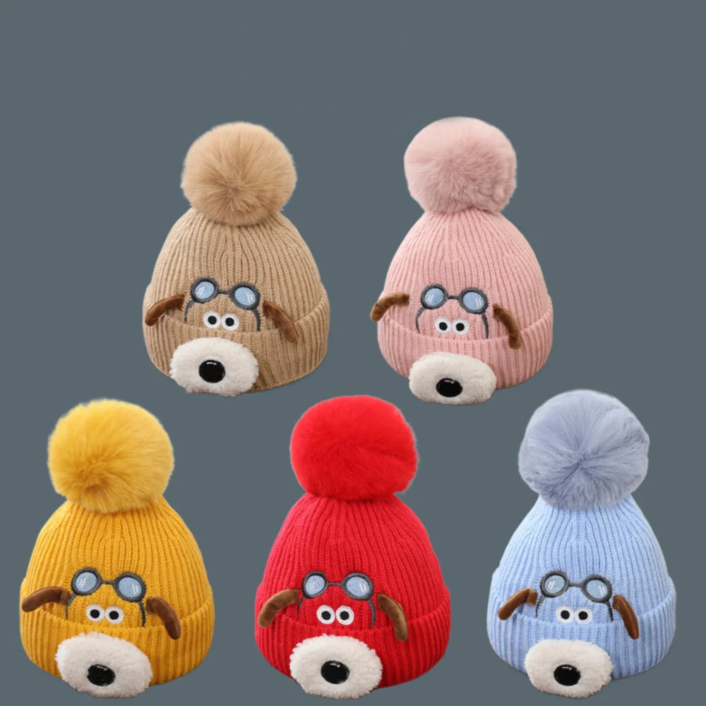 

Cartoon Dog Design Winter Baby Beanie Hat Thickened with Fur Ball Woolen Knitted Hats Warm Ear Protection Cap