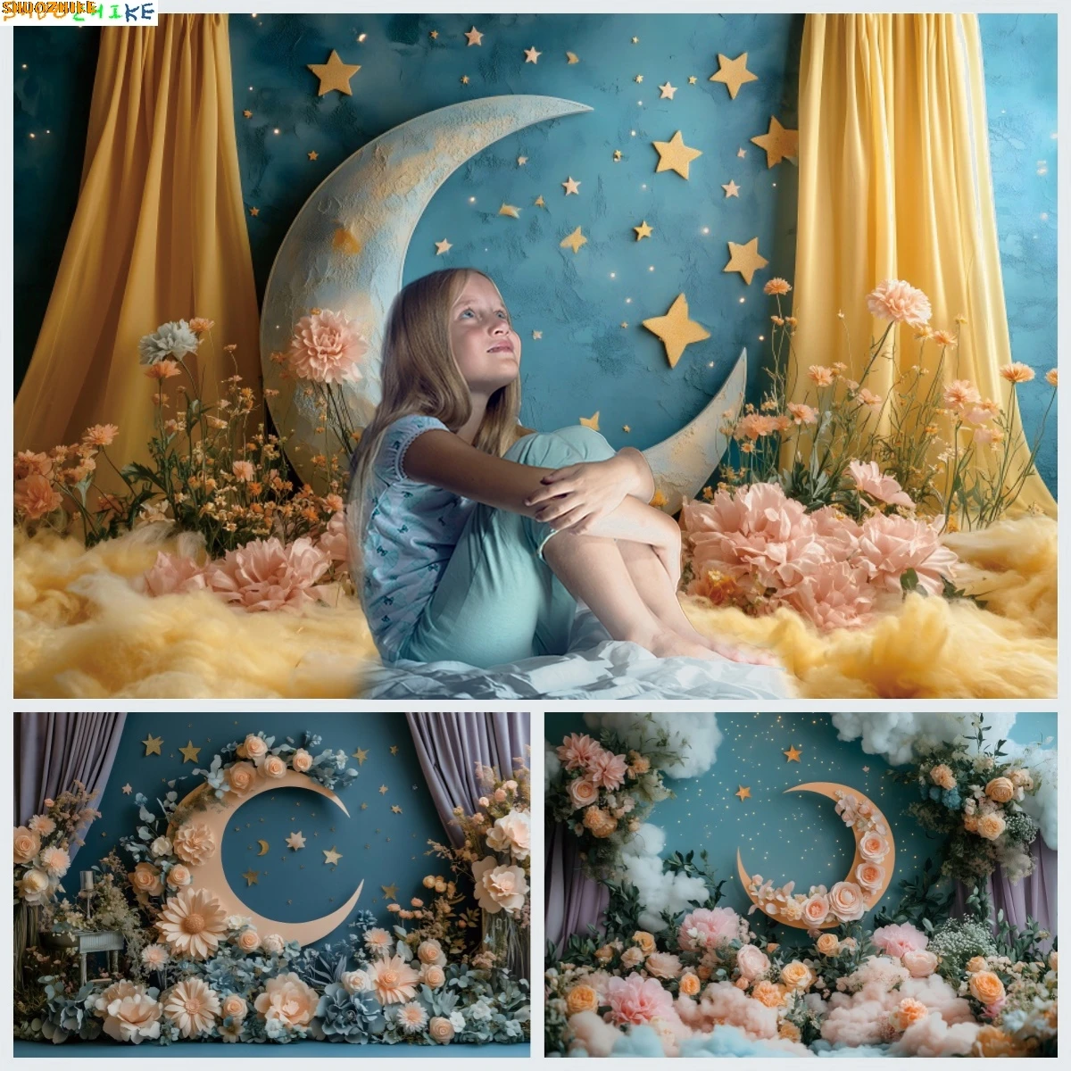 

Moon Wonderland Theme Photography Backdrop Flowers Princess Birthday Party Decor Kids Portrait Background Photobooth Supplies