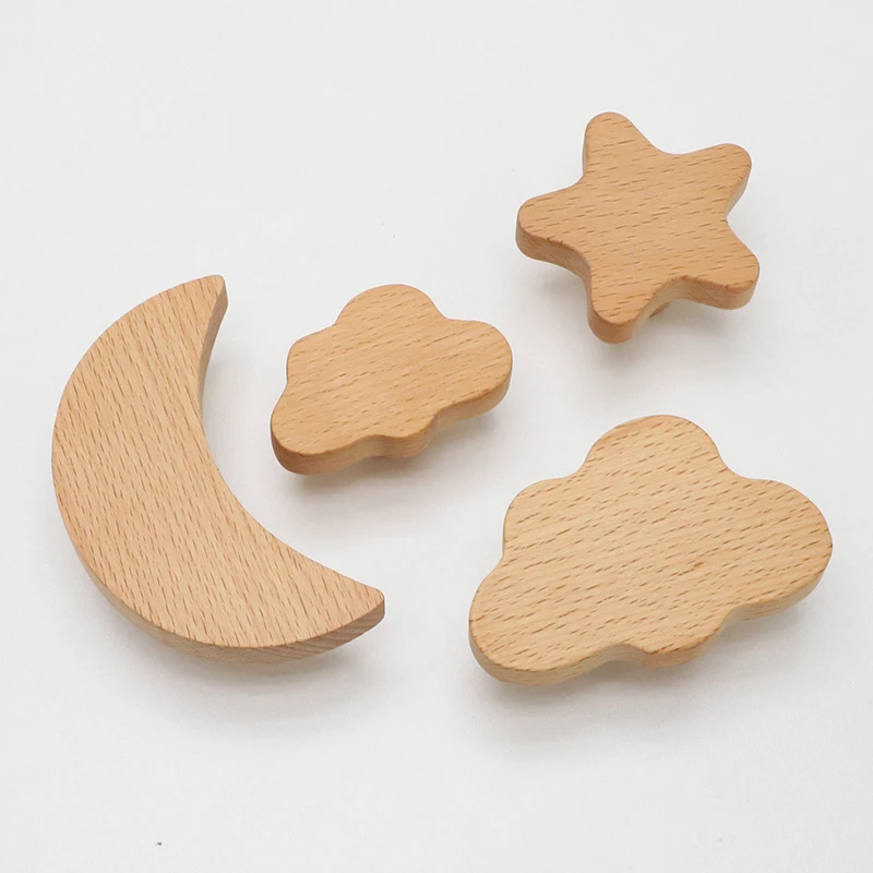 Wooden Knobs Furniture Pulls Wardrobe Door Pulls Kids Room Decoration Furniture Hardware Moon Star Cloud Cabinet Handles