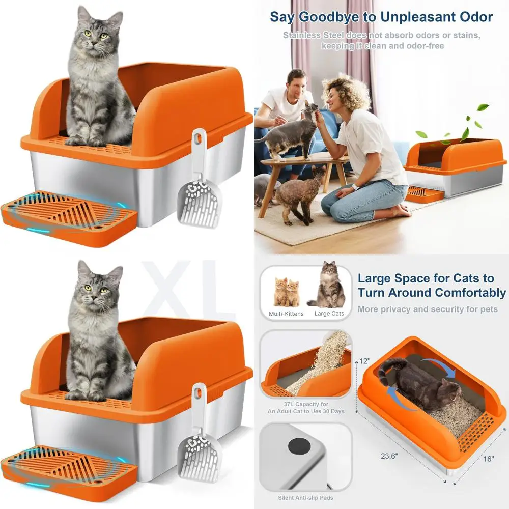 

Очень большой лоток из нержавеющей стали с крышкой и высокими сторонами для кошек XL — легко чистится, защита от протечек, оранжевый