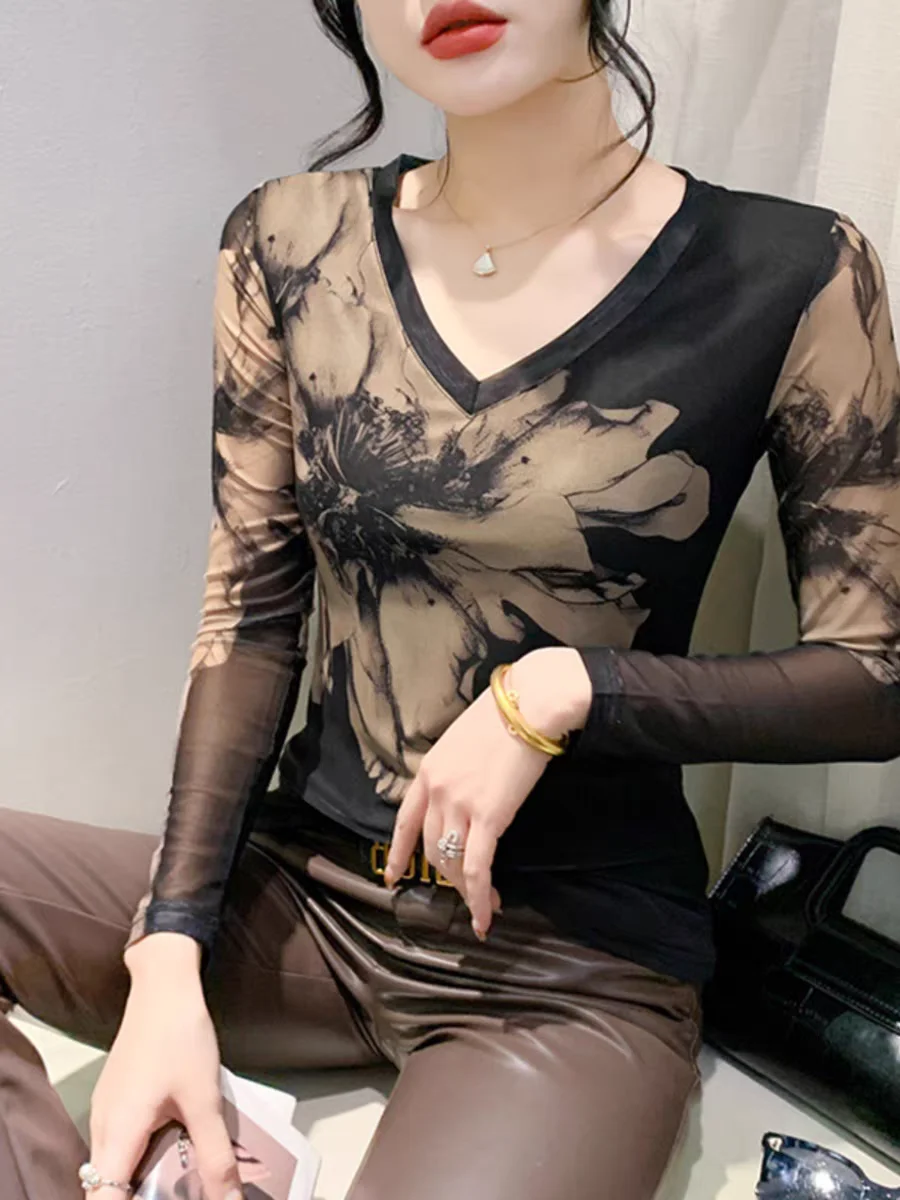 Spring Summer Long Sleeve T-shirt Women V Neck Slim Fit Positioning Printed Floral Tops Stretchy Elegant Tee Shirt For Female