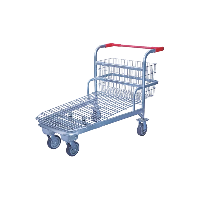 Heavy-Duty Zinc-Coated Steel Flat Trolley Cart with Wheels Portable Hand-Pull Logistic Dolly Cart Shopping Flat Platform Trolley