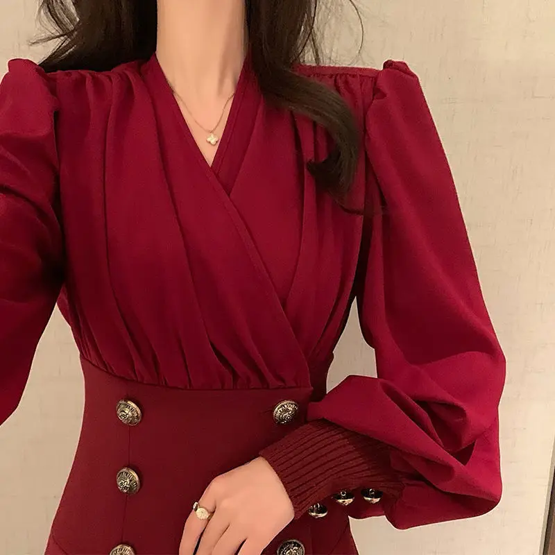 Elegant V-Neck Spliced Button Folds Puff Sleeve Mini Dress Women's Clothing 2024 Spring New Loose Asymmetrical Ladies Dresses