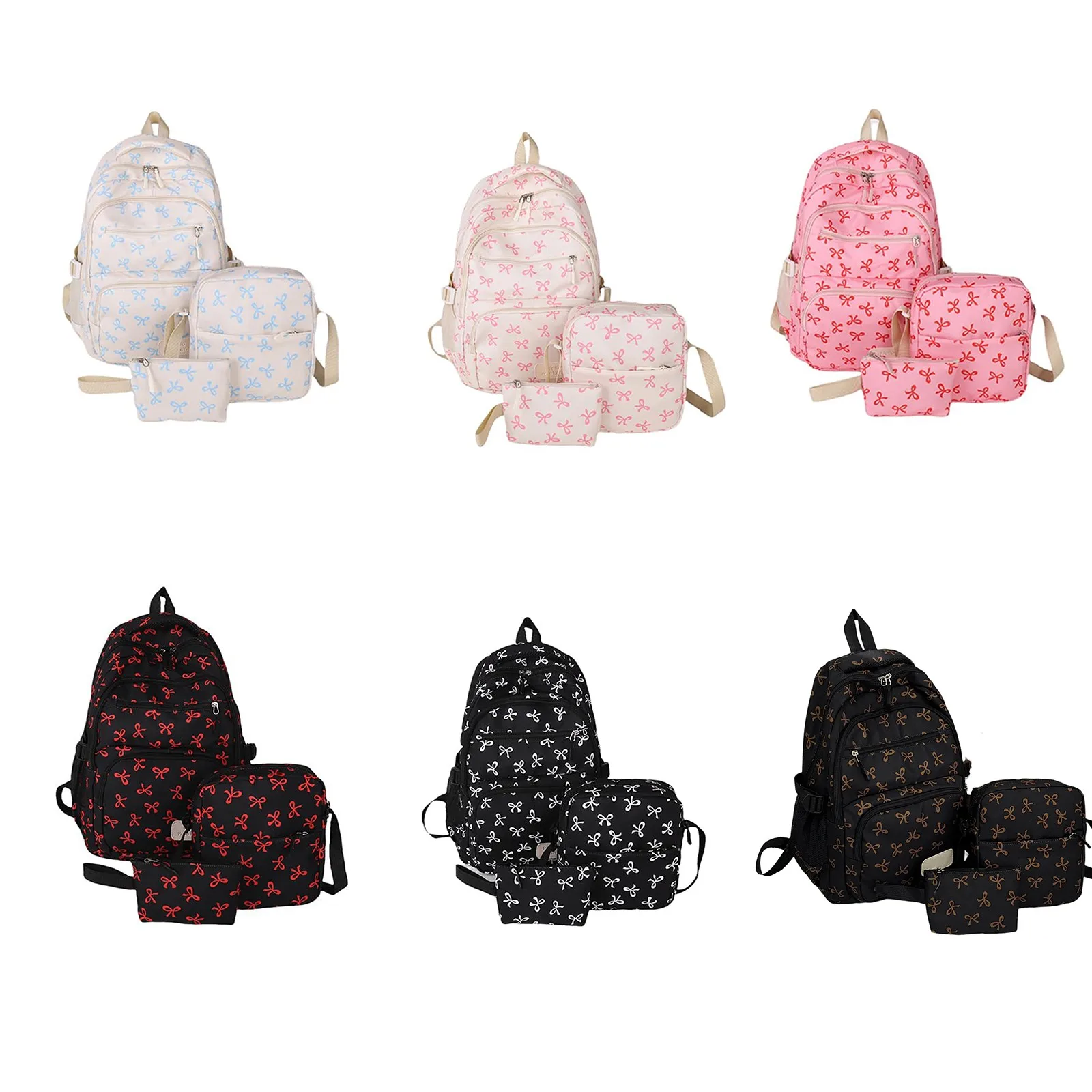 3 Pcs/Set Korean Fashion Bow Print Women Fashion Backpack Lightweight Simple Student School Bag Adjustable Strap Travel Backpack
