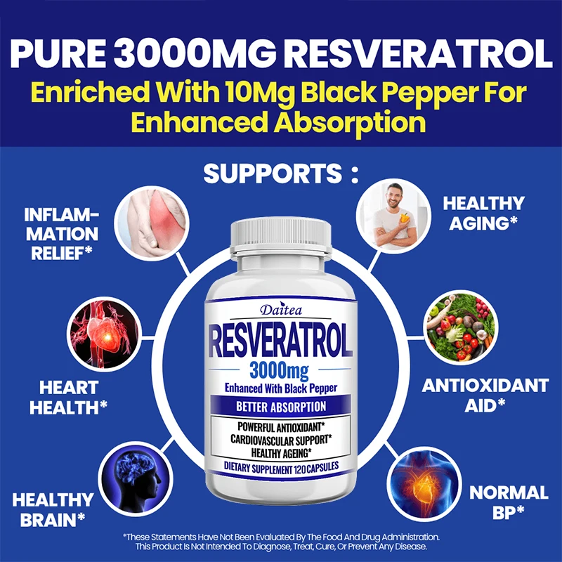 Resveratrol Supplement 3000 Mg - Non-GMO and Gluten Free, Ultra-Pure Trans-Resveratrol 120 Capsules, Anti-Aging, Antioxidant