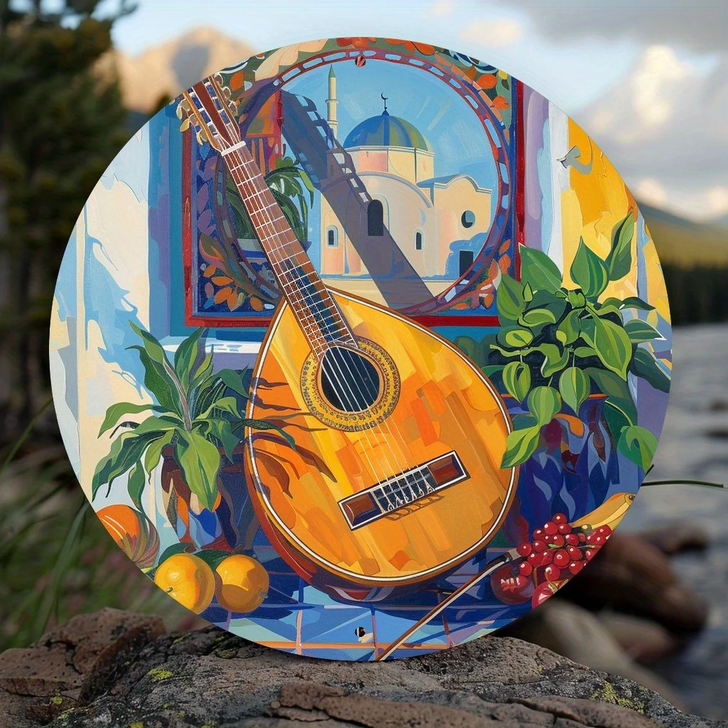 Greek Bouzouki Metal Wall Sign, 2D Flat Iron Decor for Garden Bar Window, Pre-Drilled Holes Greek Music Plaque
