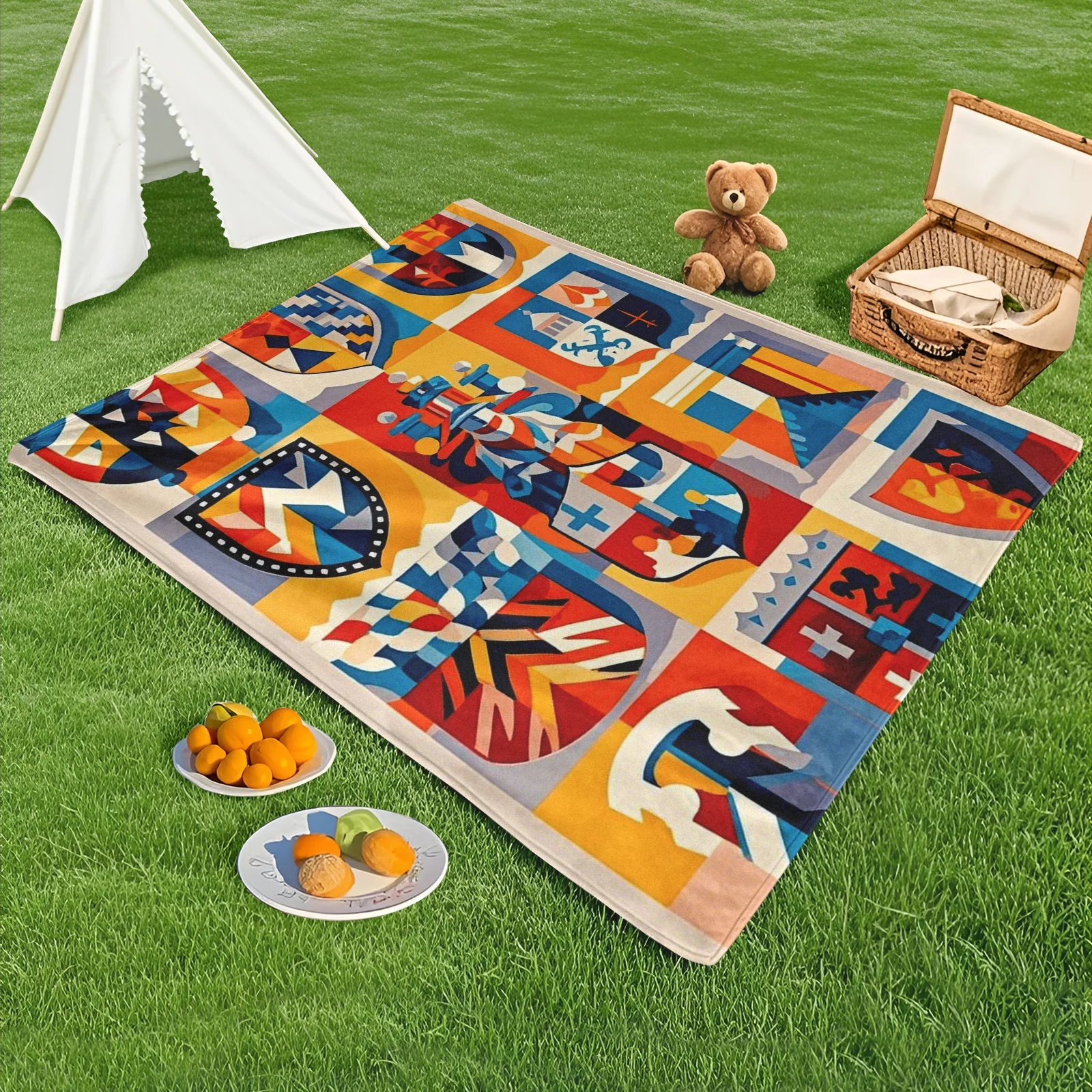 

Shield Emblem With Red Geometric Patterns And Abstract Checker Design Outdoor Blanket For Bold And Stylish Outdoor Adventures