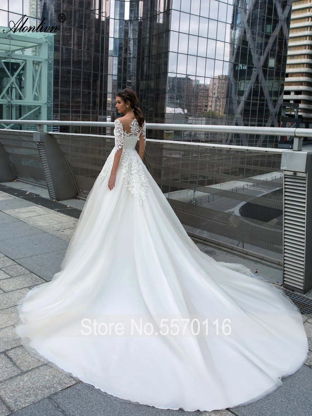 Alonlivn Refined Beading Pearls Appliques Lace Ball Gown Wedding Dress With Half Sleeves