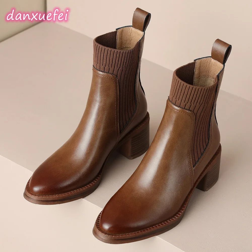 Damski danxuefei ze skóry naturalnej, rozciągliwej dzianiny, patchworkowy, wsuwane jesienne botki obcas o grubości 5cm, na co dzień, chelsea boots gorący