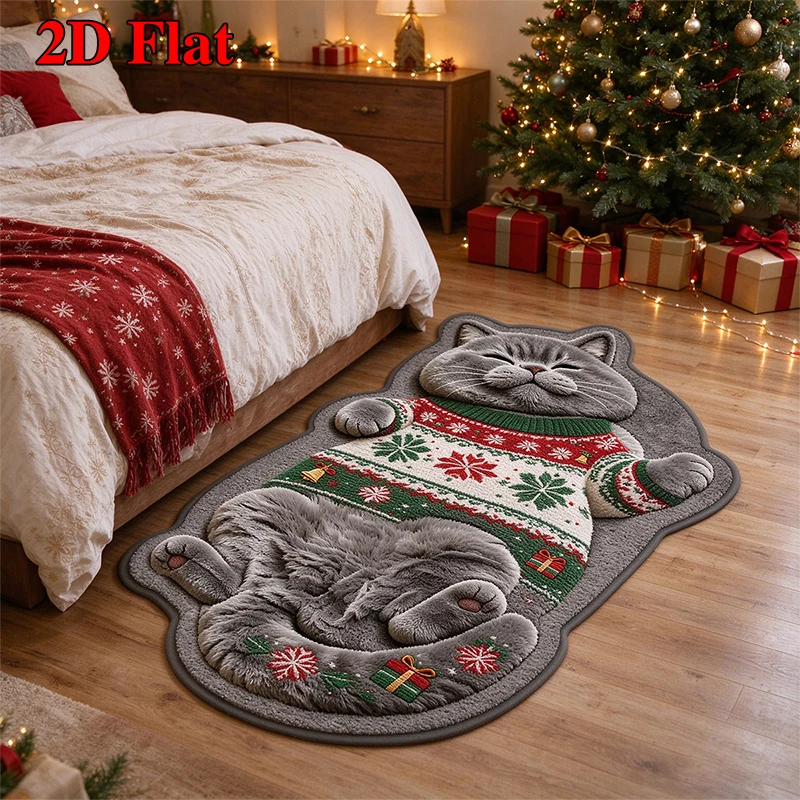Shaped Christmas Cat Rug Cartoon Grey Cat in A Sweater Floor Mat Bedroom Bedside Carpet Christmas Decorative Rugs Christmas Gift