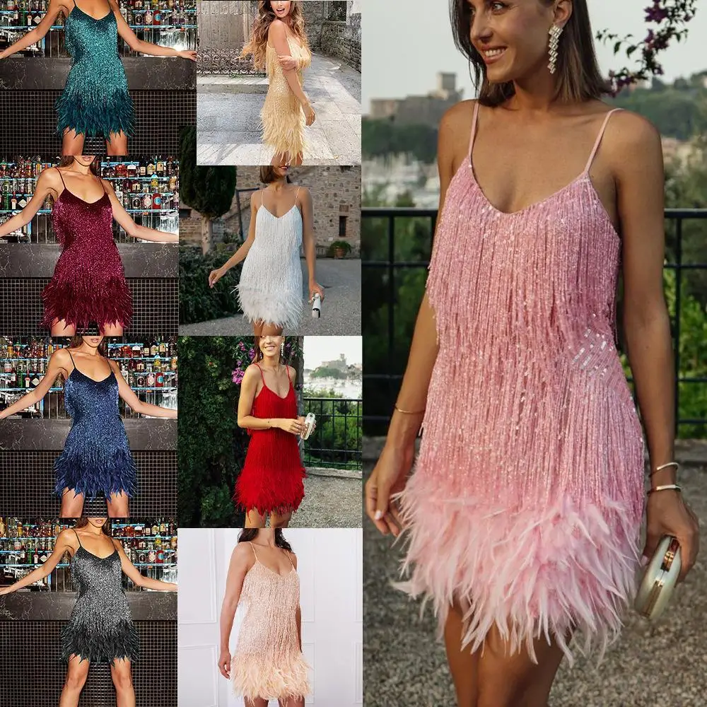 

Сексуальная бахрома, перья, бусы, вечернее платье, V-Ne, бретелька, юбка-карандаш со средней талией, французский Sle, без бренда, свинцовый Ciwalk