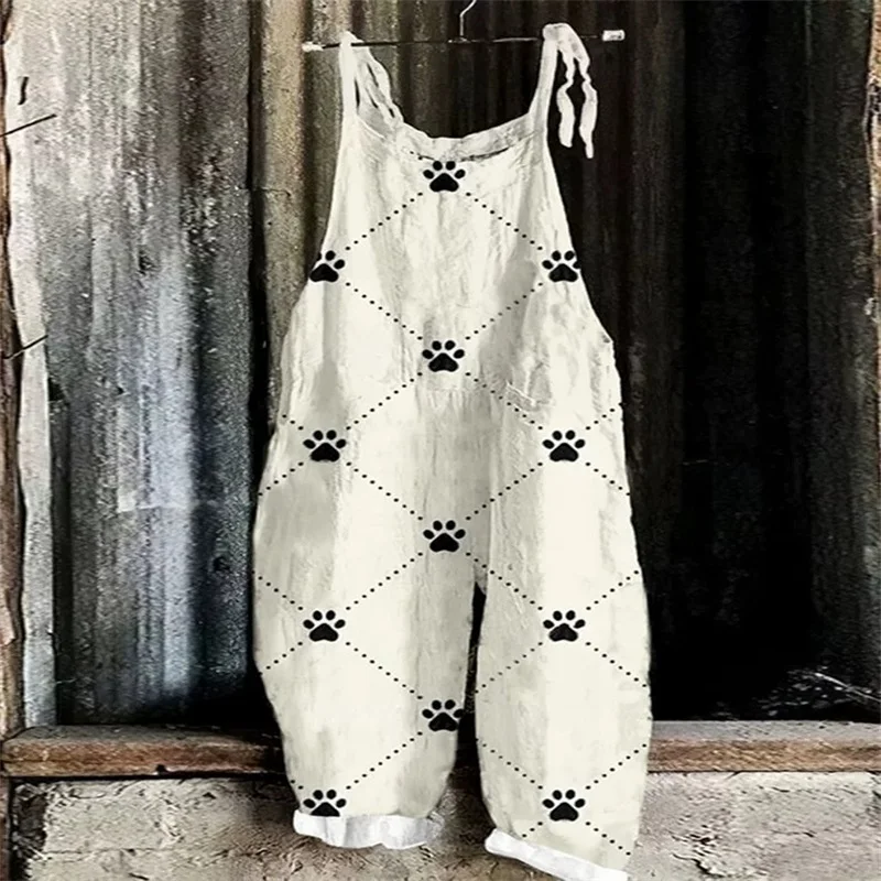 

Spring women's comfortable jumpsuit, simple dog paw print 3D printing trend fashion loose jumpsuit, adjustable straps