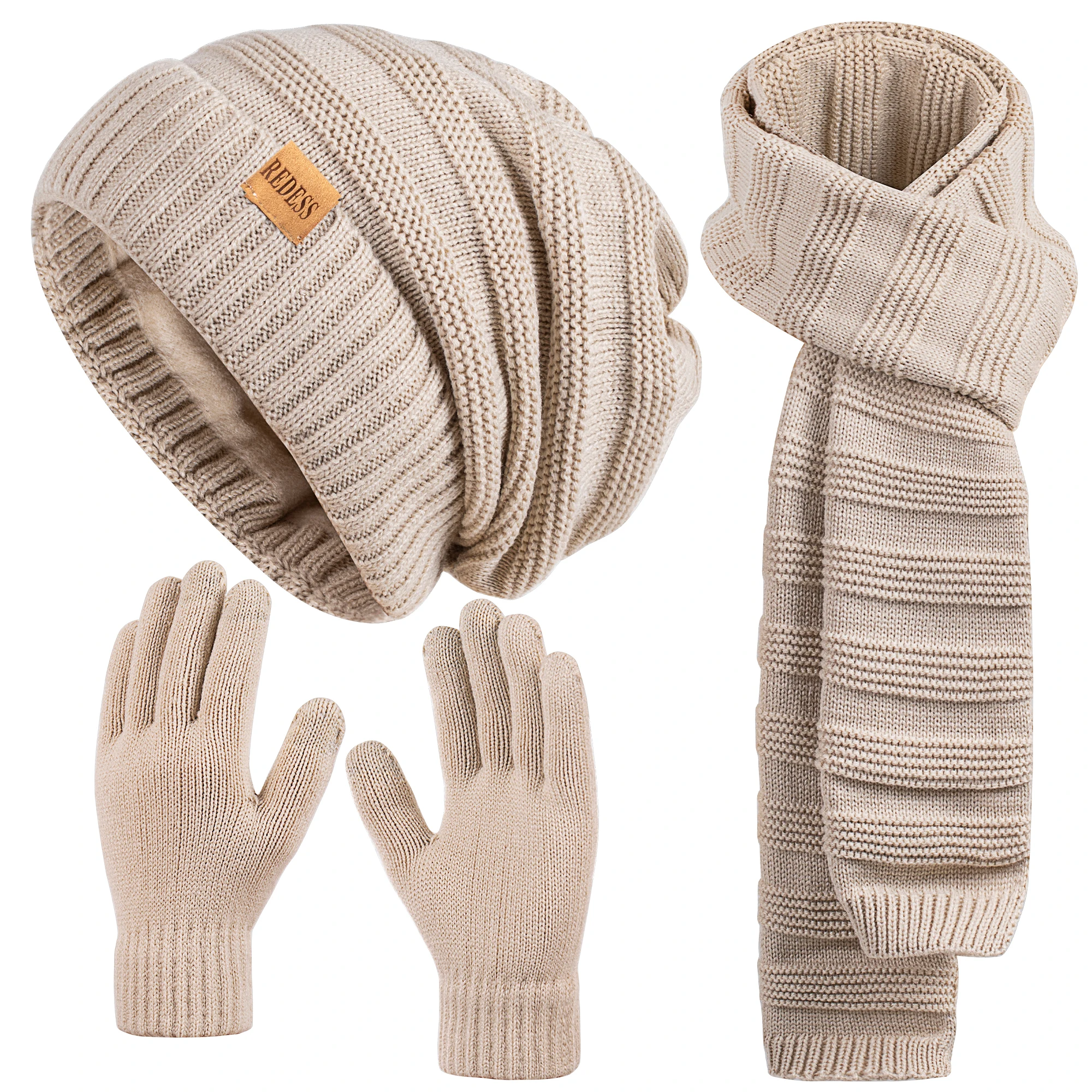 Winter Hat Beanie Scarf Touchscreen Gloves Set for Women, 3 in 1 Set with Knit Warm Long Neck Scarves Cap Gloves