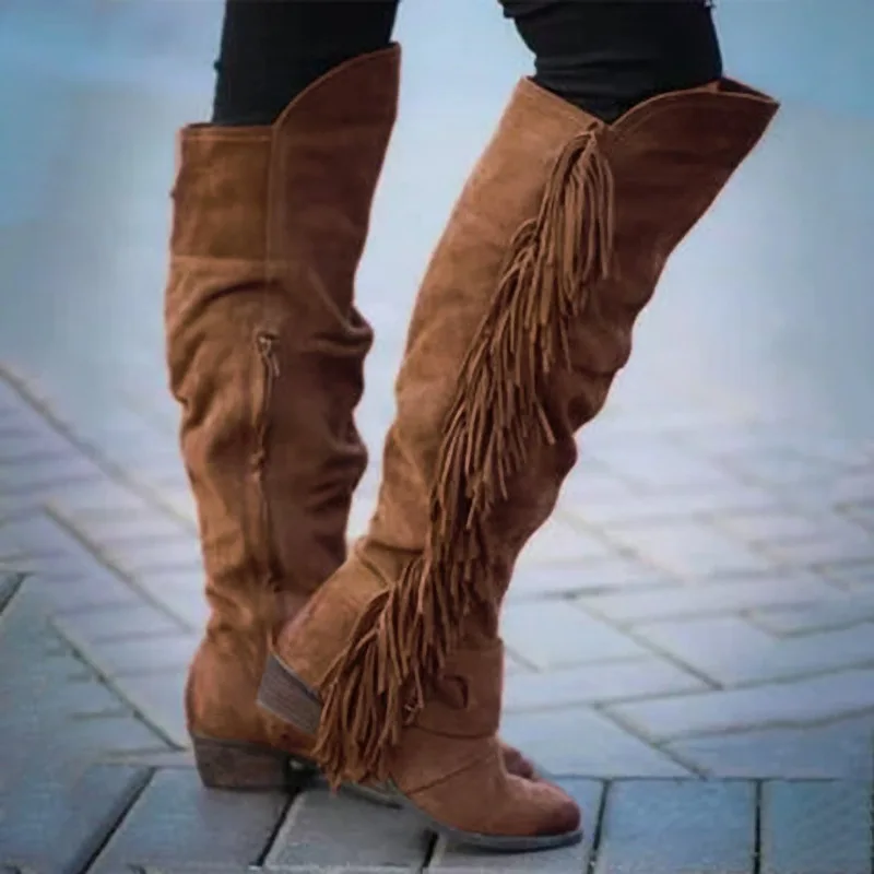 Botas Retro de invierno con punta redonda y cremallera para mujer, botas largas marrones con borlas y tacón grueso, zapatos de Cosplay para fiesta de disfraces de Halloween 2025