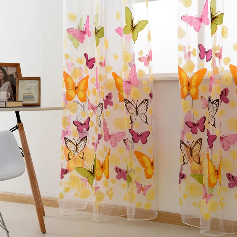 Butterfly Printed Transparent Tulle Sheer Curtain for Living room Light Luxury Rod Curtains Home Decor