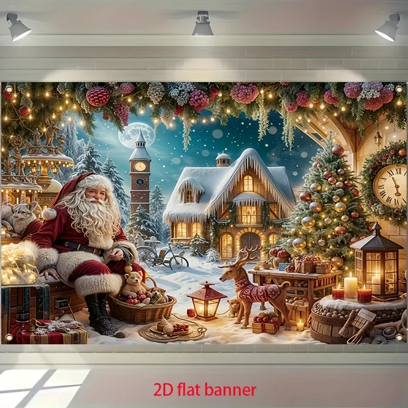 VIKAMA Aesthetic Christmas Santa Tapestry Vintage Xmas Cottage Reindeer Toy Gift Snow Night Scene Wall Hanging Home Dorm Festiva