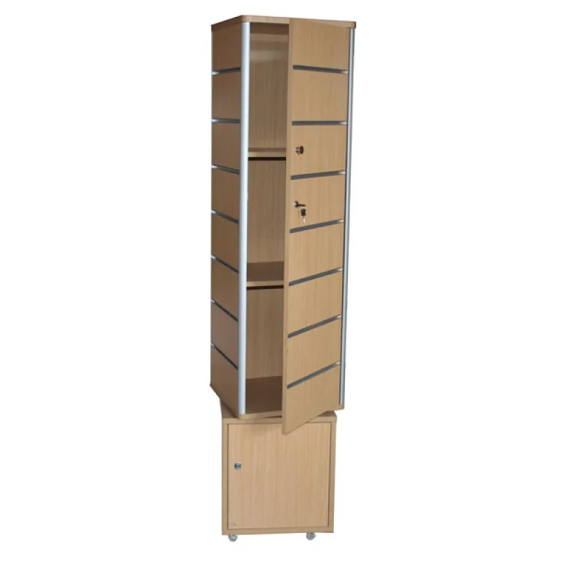 

Custom. KEWAY Wooden Mdf Rotating Slatwall Display Gondola Stand Spinner with Storage Retail Display Cabinet Shelf