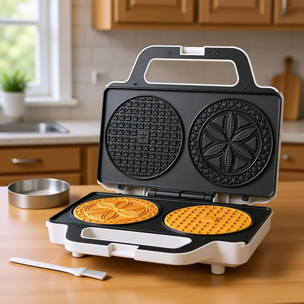 

Electric Non-stick Pizzelle Press, 2 x 5 Christmas Cookie Molds Included, White