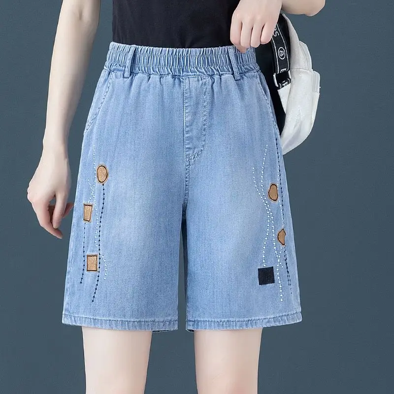 2024 New Summer Thin Jeans Fashion All-match Embroidered Elastic Waist Shorts Ladies Vintage Pocket Loose Waist Elasticity Pants