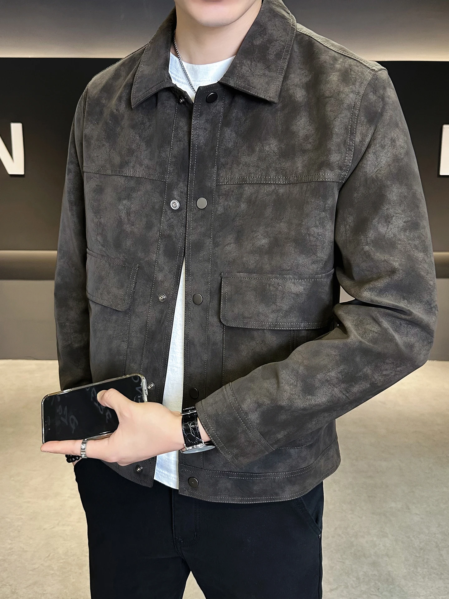 

Мужское замшевое пальто из искусственной кожи с воротником-стойкой, весенне-осеннее новое модное брендовое универсальное пальто с высокой чувствительностью