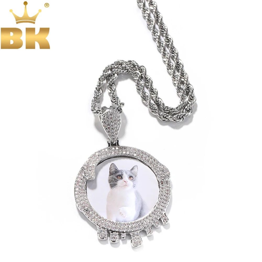 

TBTK Custom Round Water Drip Photo Pendant Memory Picture Medallion Iced Out Cubic Zirconia Hiphop Jewelry For Gift