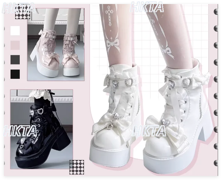 

Japanese Mass Produced Rhinestone Lace Splicing Bow Lace Up Platform Lolita Boots Y2K Subculture Black Short Booties Shoes Women