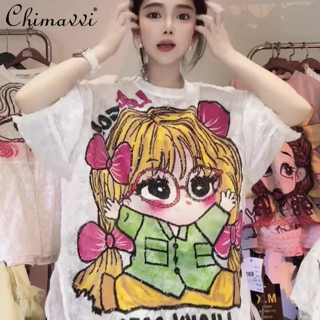 

2025 New Summer Heavy Industry Lace Cartoon Beautiful Girl Princess Sequin Short-sleeved T-shirt Women's Loose Top Shirts