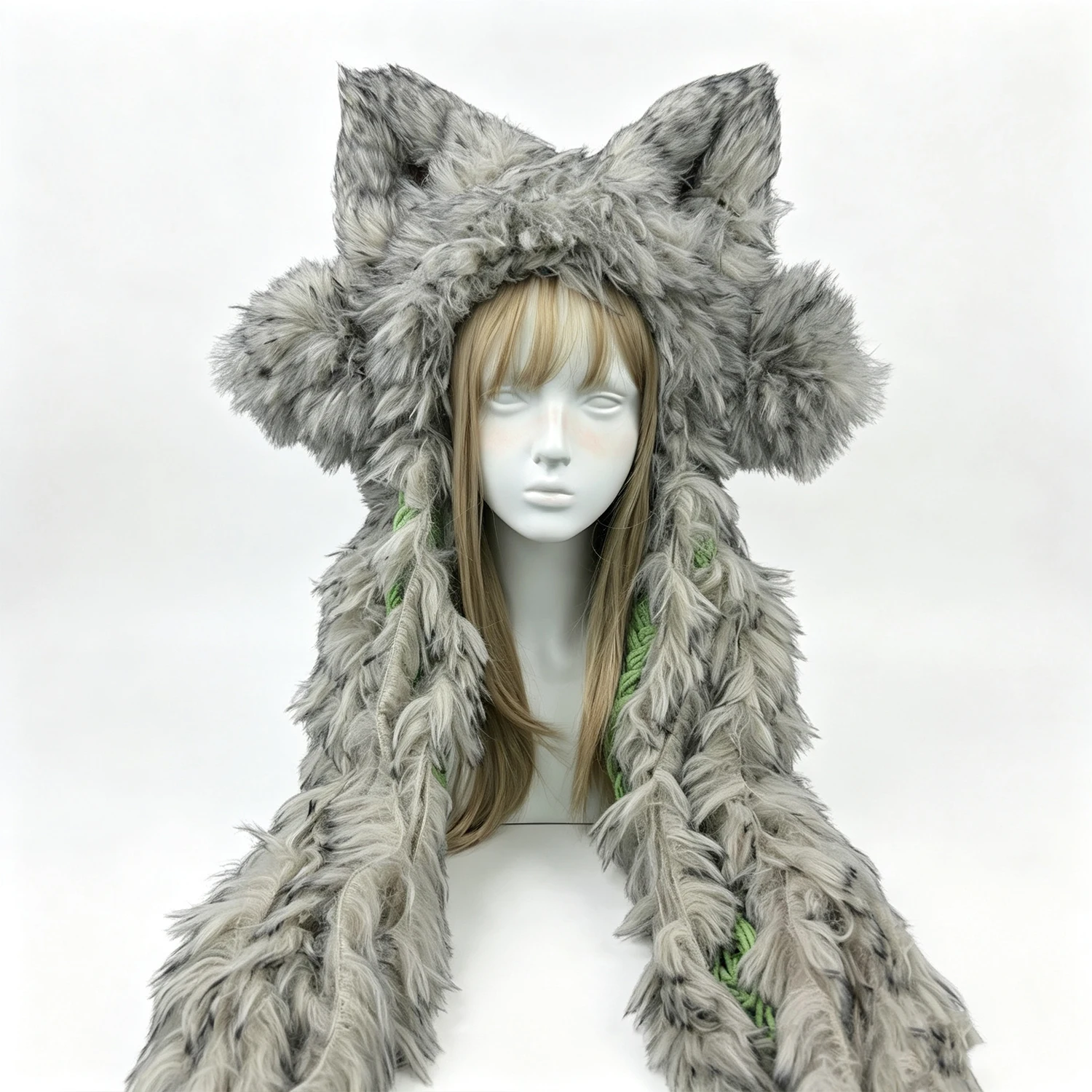 Custom Handmade Crochet Gray Wolf Ears Hat Men Winter Warm Green Tie Knitted Beanie Women Woodland Festival Gothic Cosplay Hood