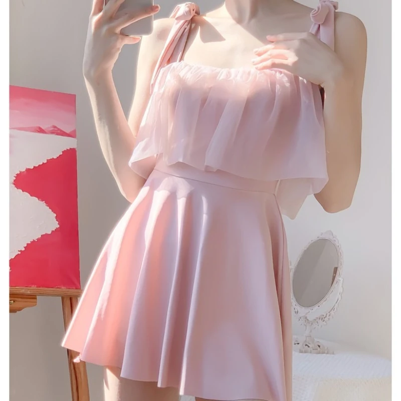 Korean Sweet Girls One-piece Swimsuit Fashion Women Pink Lace Ruffles Aesthetics Swimwear Cute Vacation Beach Slim Bathing Suit