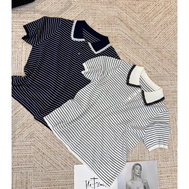 2025 verão listrado camisola de malha camisetas femininas rendas emendadas manga curta moda coreana solta senhoras malhas camisetas jumpers