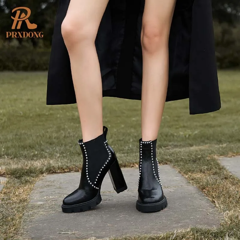 PRXDONG Women\'s Ankle Boots 2024 New Autumn Winter Warm Shoes Chunky High Heels Platform Black Brown Dress Party Lady Shoes 39