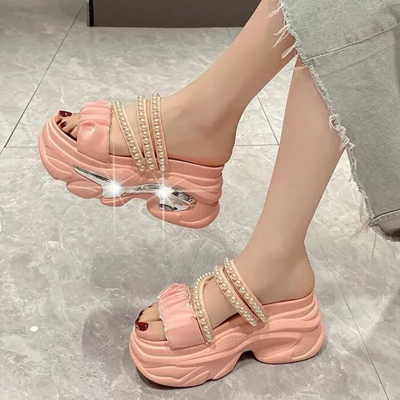 Zomer Platform Bling Sandalen Vrouwen Ademende Wiggen Hoge Hakken Dames String Kraal Strand Slippers Dikke Schoenen Sandalias Mujer